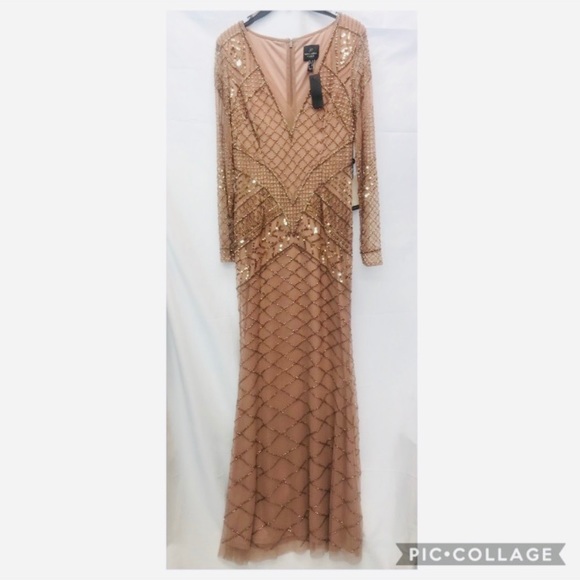 Adrianna-Papell beaded long sleeves V-Neck long evening Gown - Picture 3 of 8